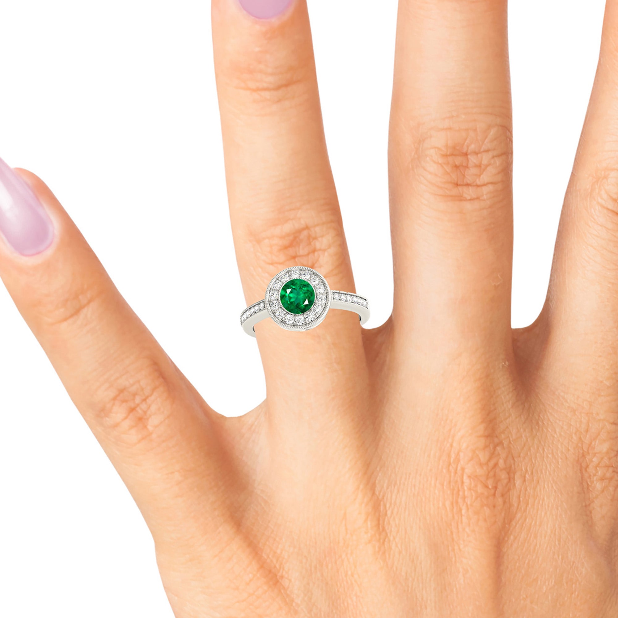 1.00 ct. Genuine Emerald Ring With 0.25 ctw. Channel Set Halo And Delicate Band, Milgrain design-VIRABYANI